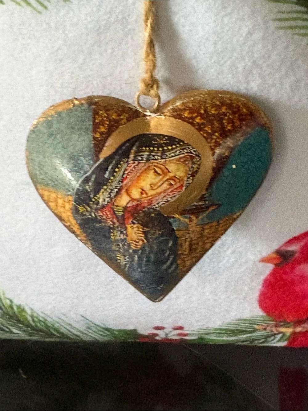 Handcrafted Teal and Gold Heart Holiday Ornament - Religious Icon Design